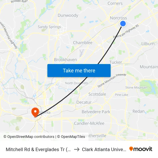 Mitchell Rd & Everglades Tr (Shell) to Clark Atlanta University map