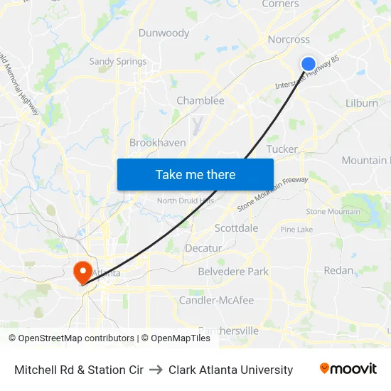 Mitchell Rd & Station Cir to Clark Atlanta University map