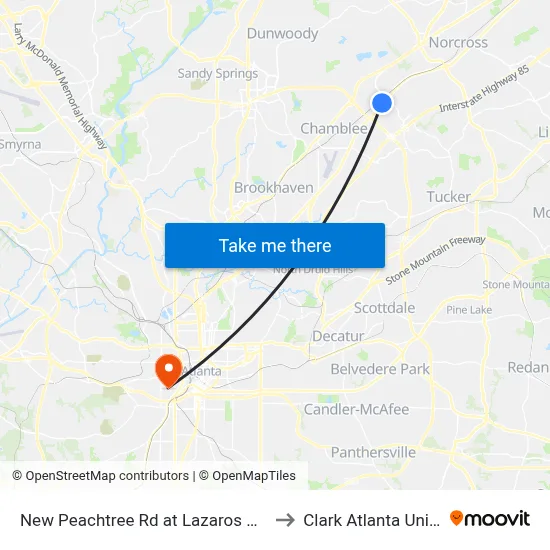 New Peachtree Rd at Lazaros Auto Rep Ib to Clark Atlanta University map