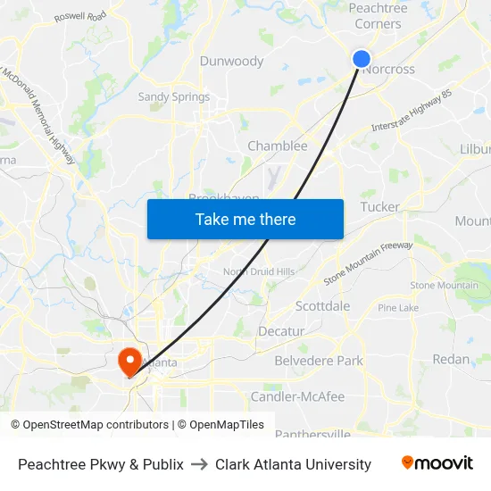 Peachtree Pkwy & Publix to Clark Atlanta University map