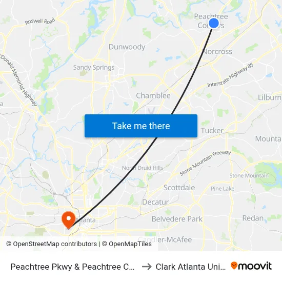 Peachtree Pkwy & Peachtree Corner Cir Ib to Clark Atlanta University map