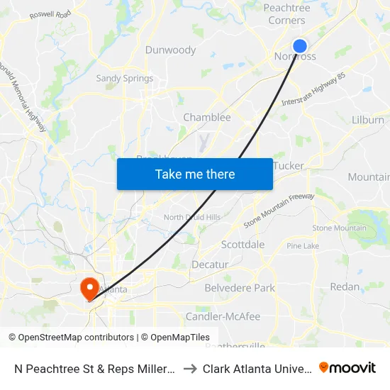 N Peachtree St & Reps Miller Road to Clark Atlanta University map
