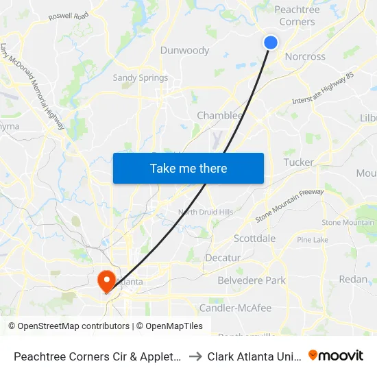 Peachtree Corners Cir & Appletree Way Ib to Clark Atlanta University map