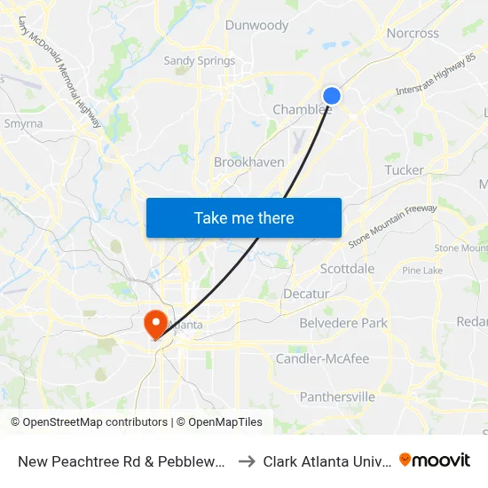 New Peachtree Rd & Pebblewood Apts to Clark Atlanta University map