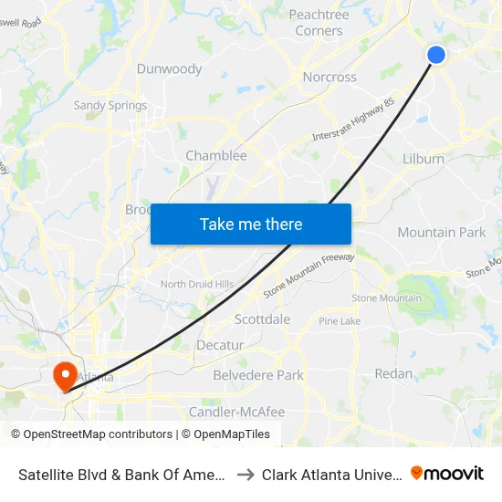 Satellite Blvd & Bank Of America Ib to Clark Atlanta University map