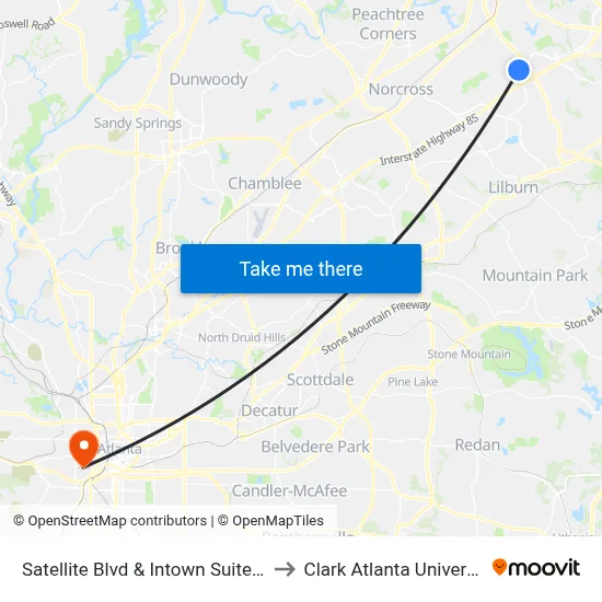 Satellite Blvd & Intown Suites Ib to Clark Atlanta University map