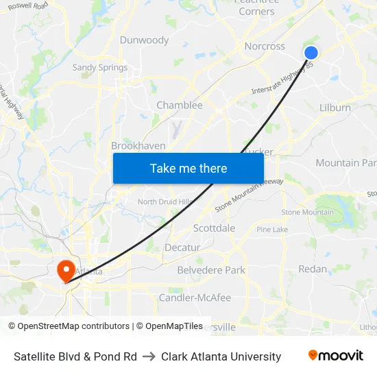 Satellite Blvd & Pond Rd to Clark Atlanta University map