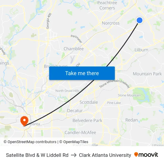 Satellite Blvd & W Liddell Rd to Clark Atlanta University map