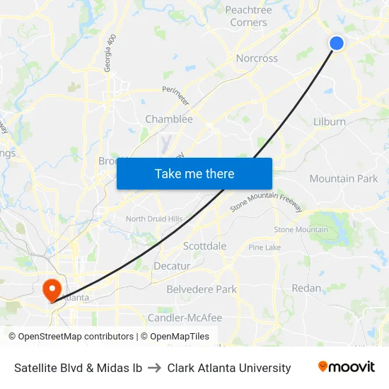 Satellite Blvd & Midas Ib to Clark Atlanta University map
