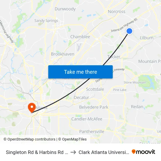 Singleton Rd & Harbins Rd Ib to Clark Atlanta University map