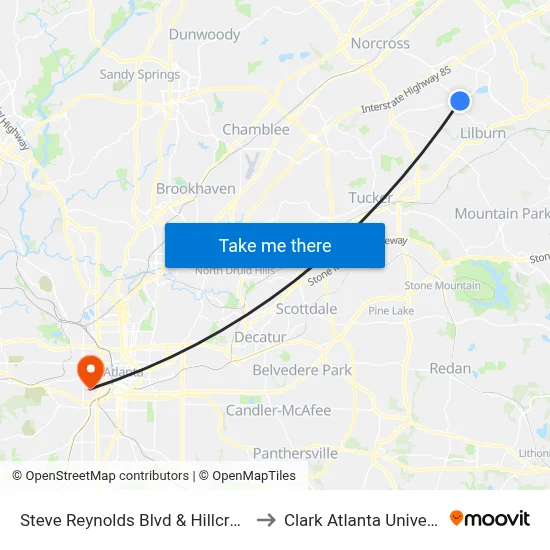 Steve Reynolds Blvd & Hillcrest Ct to Clark Atlanta University map