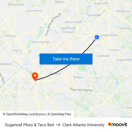 Sugarloaf Pkwy & Taco Bell to Clark Atlanta University map