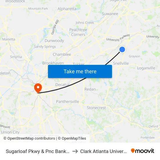 Sugarloaf Pkwy & Pnc Bank Ob to Clark Atlanta University map