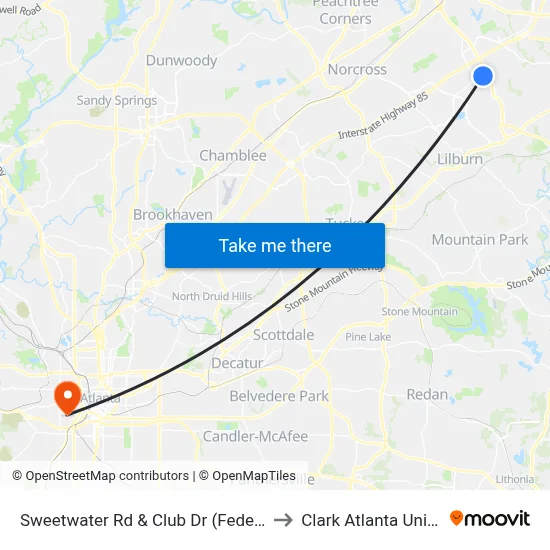 Sweetwater Rd & Club Dr (Fedex/Kinkos) to Clark Atlanta University map