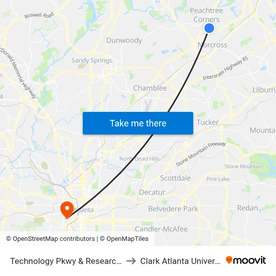 Technology Pkwy & Research Dr to Clark Atlanta University map