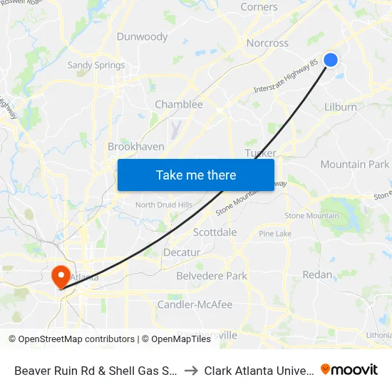 Beaver Ruin Rd & Shell Gas Station to Clark Atlanta University map