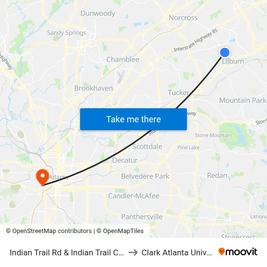 Indian Trail Rd & Indian Trail Ct Plaza to Clark Atlanta University map