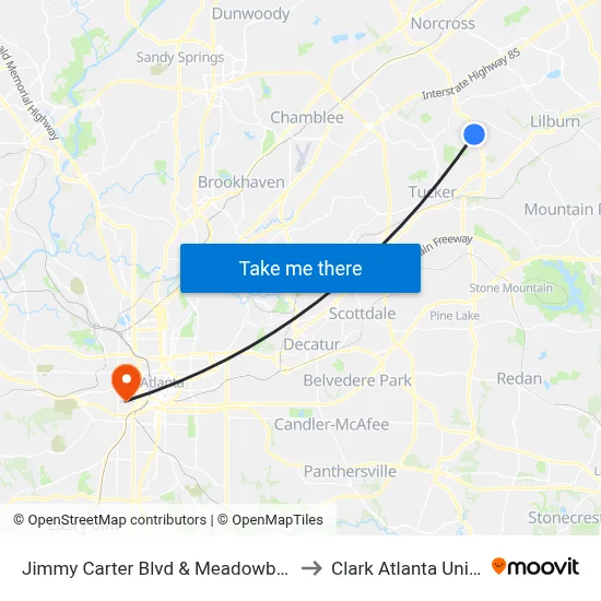 Jimmy Carter Blvd & Meadowbrook Dr Ob to Clark Atlanta University map