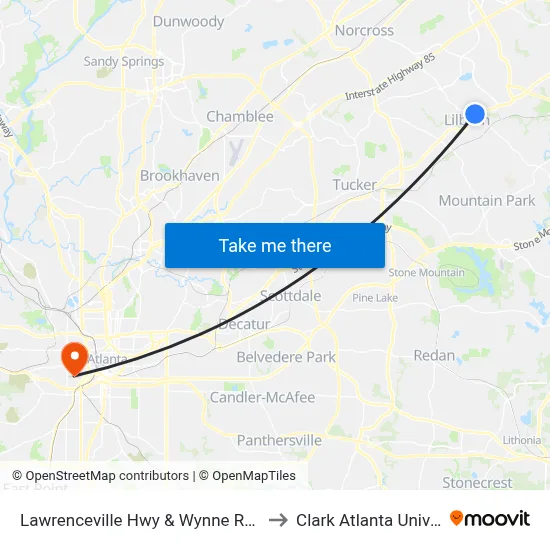 Lawrenceville Hwy & Wynne Russell Dr to Clark Atlanta University map