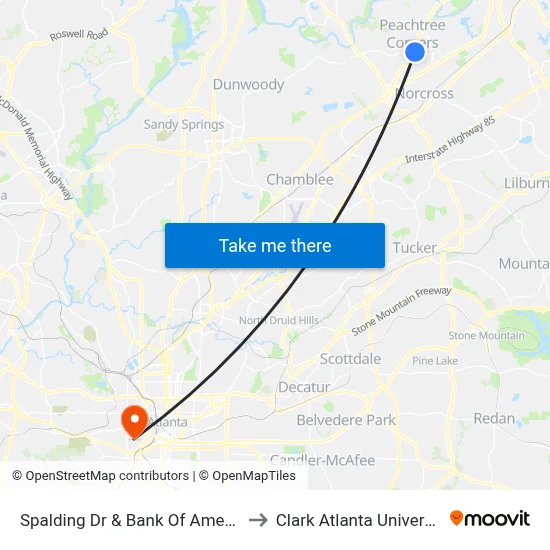 Spalding Dr & Bank Of America to Clark Atlanta University map
