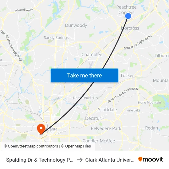 Spalding Dr & Technology Pkwy to Clark Atlanta University map