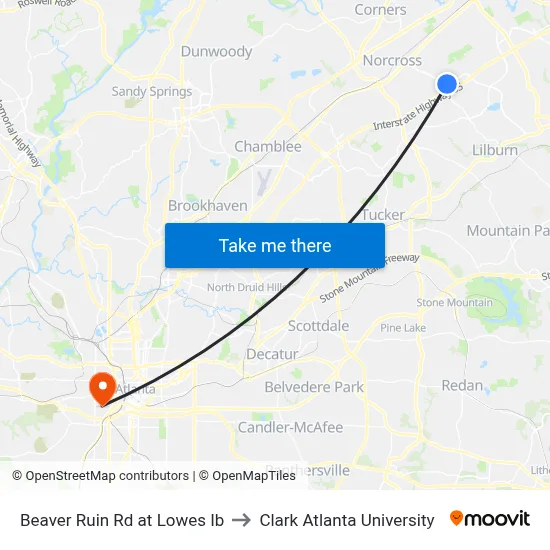 Beaver Ruin Rd at Lowes Ib to Clark Atlanta University map