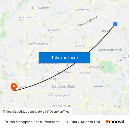 Burns Shopping Ctr & Pleasant Hill Rd Ib to Clark Atlanta University map