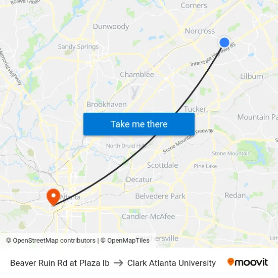 Beaver Ruin Rd at Plaza Ib to Clark Atlanta University map