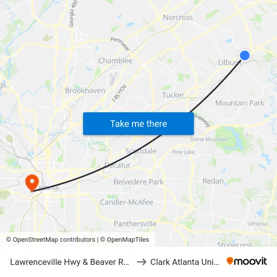 Lawrenceville Hwy & Beaver Ruin Rd Ob to Clark Atlanta University map
