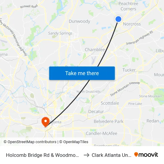 Holcomb Bridge Rd & Woodmont Land Apts to Clark Atlanta University map
