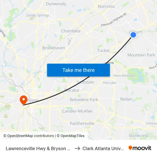 Lawrenceville Hwy & Bryson Park Ib to Clark Atlanta University map
