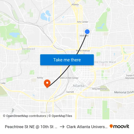Peachtree St NE @ 10th St NE to Clark Atlanta University map