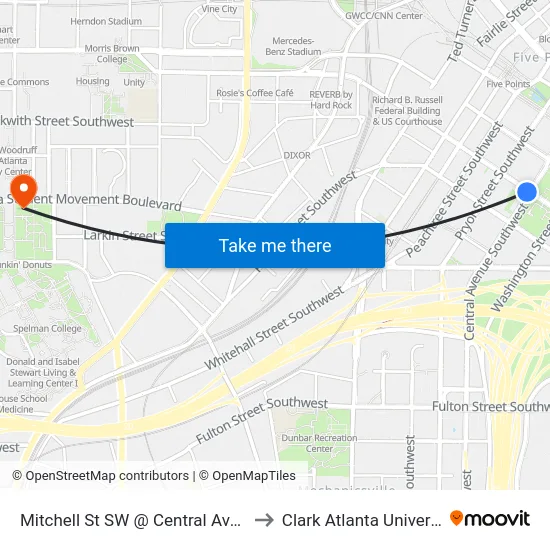 Mitchell St SW @ Central Ave SW to Clark Atlanta University map