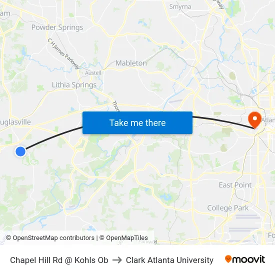 Chapel Hill Rd @ Kohls Ob to Clark Atlanta University map