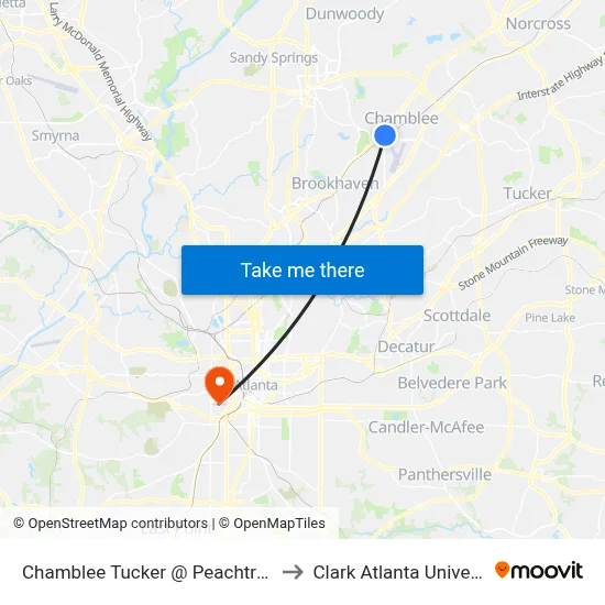 Chamblee Tucker @ Peachtree Rd to Clark Atlanta University map