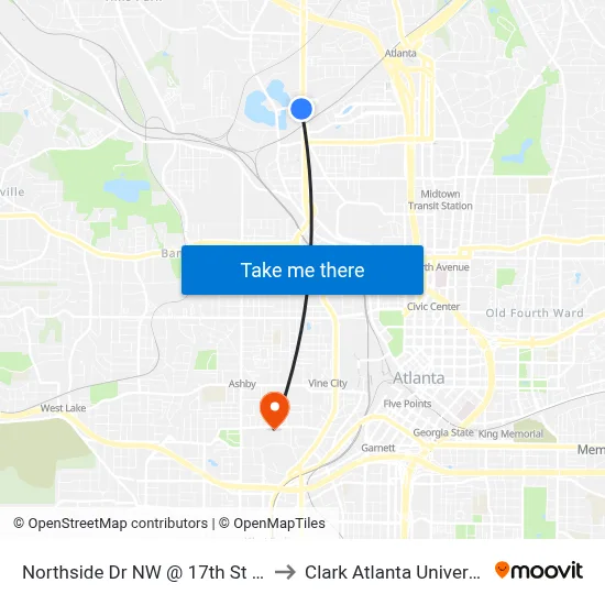 Northside Dr NW @ 17th St NW to Clark Atlanta University map