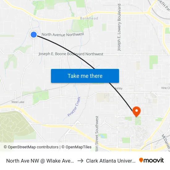 North Ave NW @ Wlake Ave NW to Clark Atlanta University map