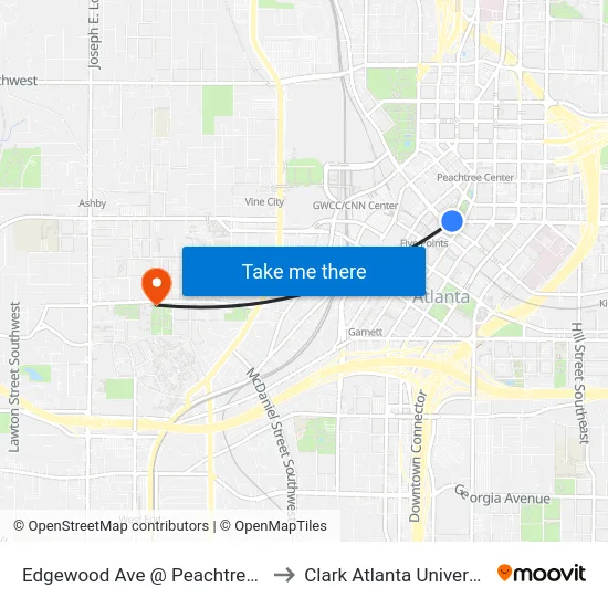 Edgewood Ave @ Peachtree St to Clark Atlanta University map