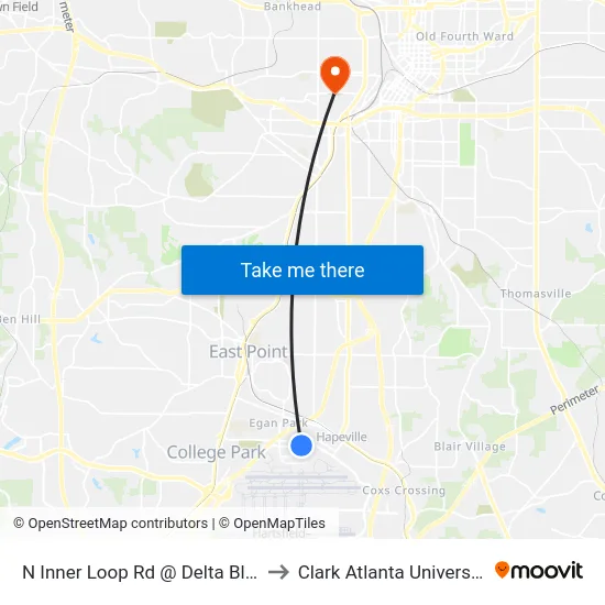 N Inner Loop Rd @ Delta Blvd to Clark Atlanta University map