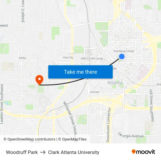 Woodruff Park to Clark Atlanta University map