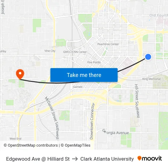 Edgewood Ave @ Hilliard St to Clark Atlanta University map