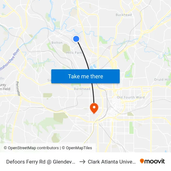 Defoors Ferry Rd @ Glendeven Ct to Clark Atlanta University map