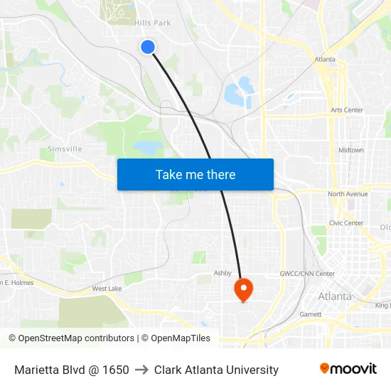 Marietta Blvd @ 1650 to Clark Atlanta University map