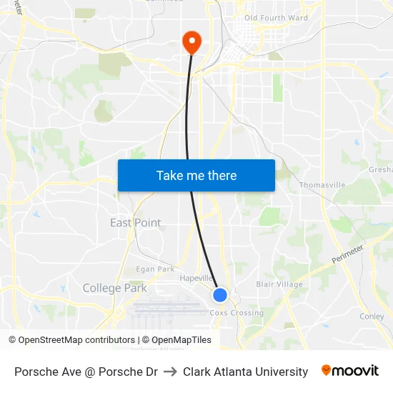 Porsche Ave @ Porsche Dr to Clark Atlanta University map
