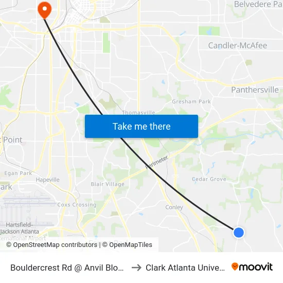 Bouldercrest Rd @ Anvil Block Rd to Clark Atlanta University map