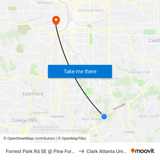 Forrest Park Rd SE @ Pine Forest Dr SE to Clark Atlanta University map
