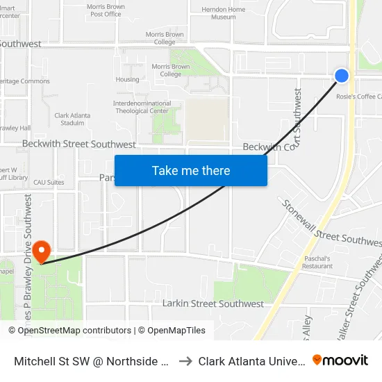 Mitchell St SW @ Northside Dr SW to Clark Atlanta University map
