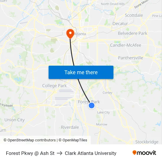 Forest Pkwy @ Ash St to Clark Atlanta University map