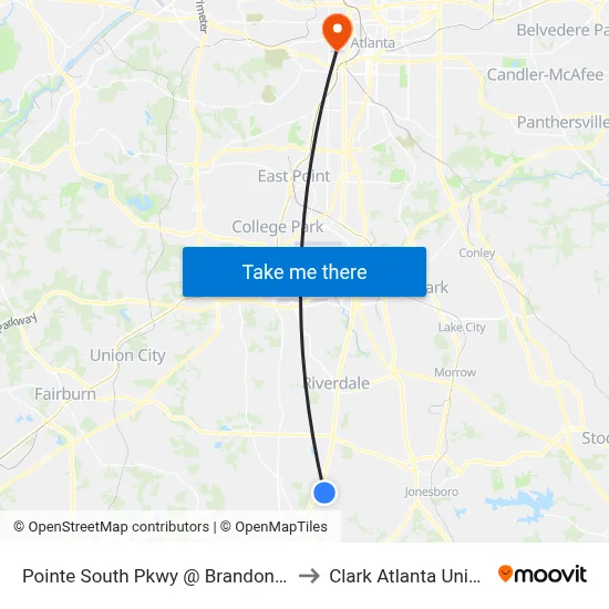 Pointe South Pkwy @ Brandon Hill Way to Clark Atlanta University map