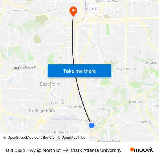 Old Dixie Hwy @ North St to Clark Atlanta University map